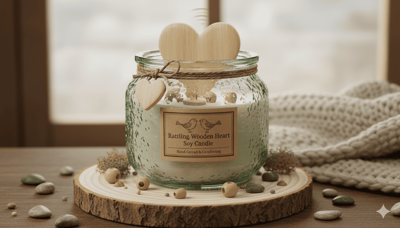 Ratiseva puusydänkynttilä rustiikkisessa lasipurkissa