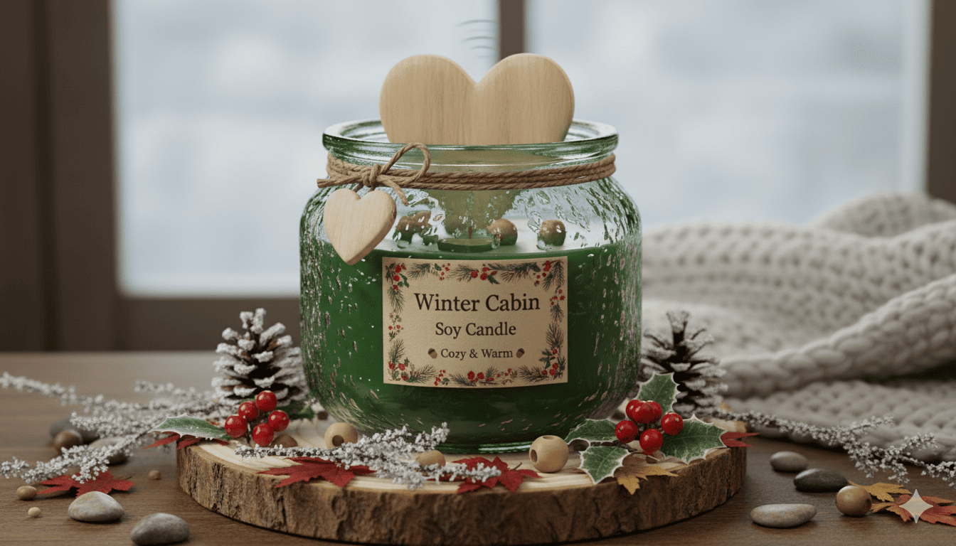Talvimökki puusydänkynttilä rustiikkisessa lasipurkissa